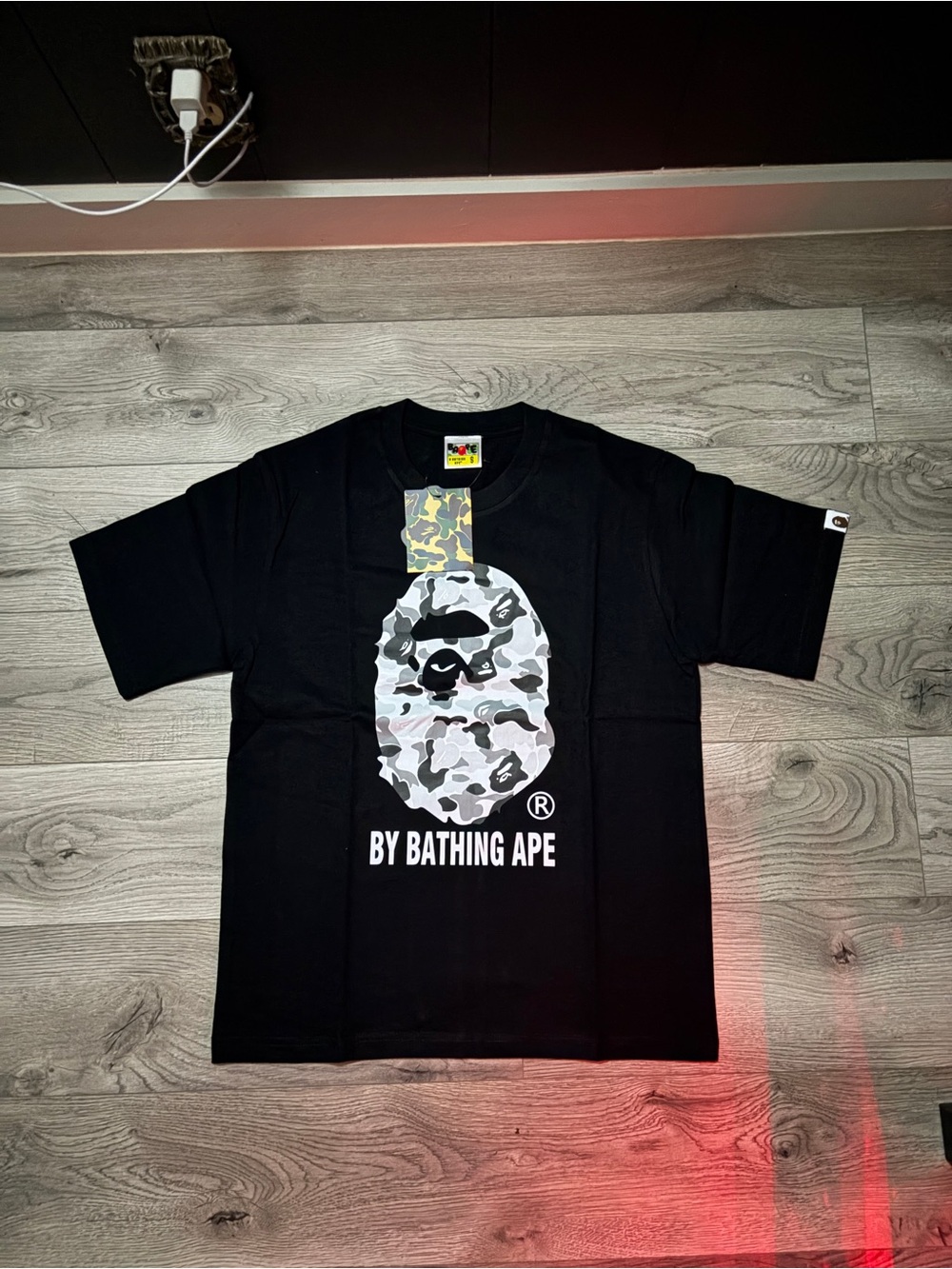 Bape Black Tee with Gray & White Camo Ape Head